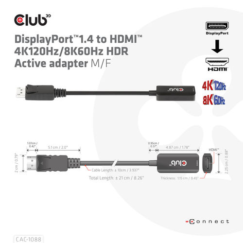 Adaptador Activo Club 3d Displayport 1.4 A Hdmi 4k 120hz/8k 60hz Hdr | Quonty.com | CAC-1088