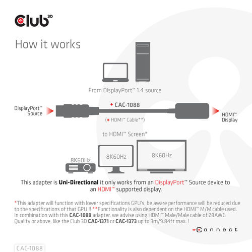 Adaptador Activo Club 3d Displayport 1.4 A Hdmi 4k 120hz/8k 60hz Hdr | Quonty.com | CAC-1088