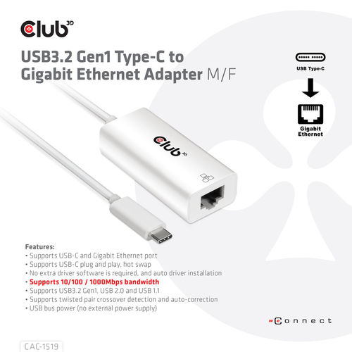 Adaptador Red Club 3d Usb-C/M A Rj45 Gigabite Ethernet H Blanco | Quonty.com | CAC-1519