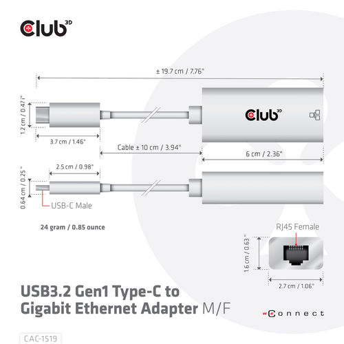 Adaptador Red Club 3d Usb-C/M A Rj45 Gigabite Ethernet H Blanco | Quonty.com | CAC-1519