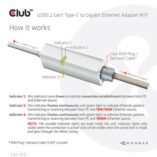 Adaptador Red Club 3d Usb-C/M A Rj45 Gigabite Ethernet H Blanco | Quonty.com | CAC-1519