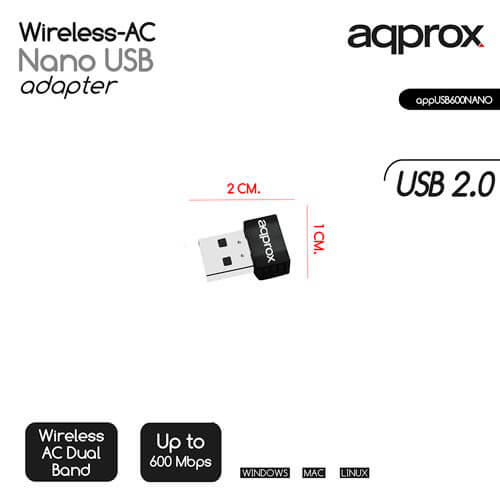 Adaptador Red Approx Usb2.0 Wifi.Ac/600mbps Wps Nano | Quonty.com | APPUSB600NANO