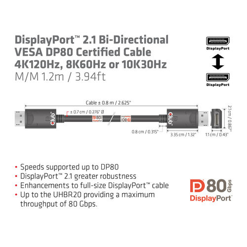 Cable Club 3d Displayport 2.1 Con Certificación Vesa Dp80 8k 240hz 1.2m | Quonty.com | CAC-1091