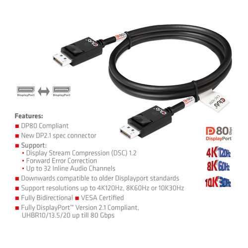 Cable Club 3d Displayport 2.1 Con Certificación Vesa Dp80 8k 240hz 1.2m | Quonty.com | CAC-1091