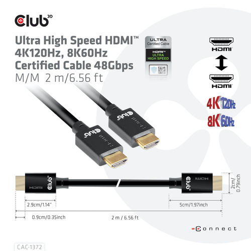 Cable Hdmi Club 3d Ultra Alta Velocidad Certificado 4k 120hz 8k 60hz 48gbps 2m | Quonty.com | CAC-1372