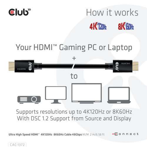Cable Hdmi Club 3d Ultra Alta Velocidad Certificado 4k 120hz 8k 60hz 48gbps 2m | Quonty.com | CAC-1372