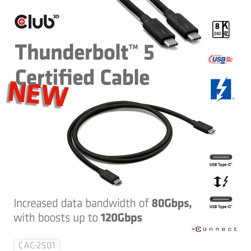 Cable Usb Club 3d Con Certificación Thunderbolt 8k 240hz 20gbps Pd 240w Epr M/M 1m | Quonty.com | CAC-2501