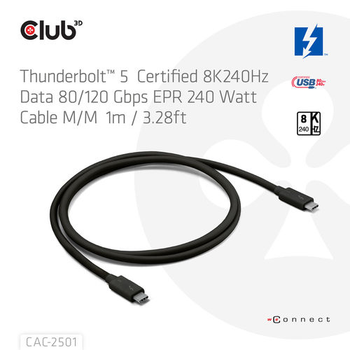 Cable Usb Club 3d Con Certificación Thunderbolt 8k 240hz 20gbps Pd 240w Epr M/M 1m | Quonty.com | CAC-2501