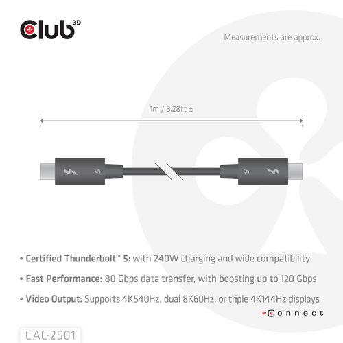 Cable Usb Club 3d Con Certificación Thunderbolt 8k 240hz 20gbps Pd 240w Epr M/M 1m | Quonty.com | CAC-2501