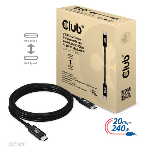 Cable Usb Club 3d Ubs-C Con Certificado Usb-If 4k 60hz 20gbps Pd 240w Epr M/M 2m | Quonty.com | CAC-1575