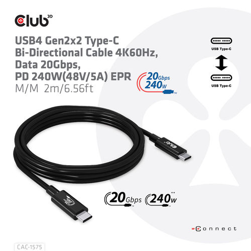 Cable Usb Club 3d Ubs-C Con Certificado Usb-If 4k 60hz 20gbps Pd 240w Epr M/M 2m | Quonty.com | CAC-1575