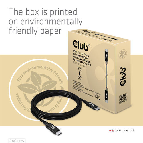 Cable Usb Club 3d Ubs-C Con Certificado Usb-If 4k 60hz 20gbps Pd 240w Epr M/M 2m | Quonty.com | CAC-1575