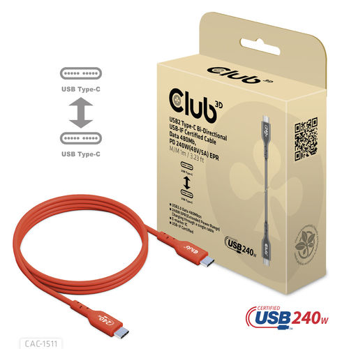 Cable Usb Club 3d Usb-C Con Certificación Usb-If 480mb Pd 240w Epr M/M 1m | Quonty.com | CAC-1511