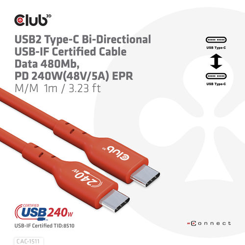 Cable Usb Club 3d Usb-C Con Certificación Usb-If 480mb Pd 240w Epr M/M 1m | Quonty.com | CAC-1511