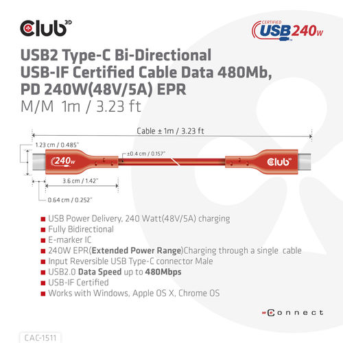 Cable Usb Club 3d Usb-C Con Certificación Usb-If 480mb Pd 240w Epr M/M 1m | Quonty.com | CAC-1511