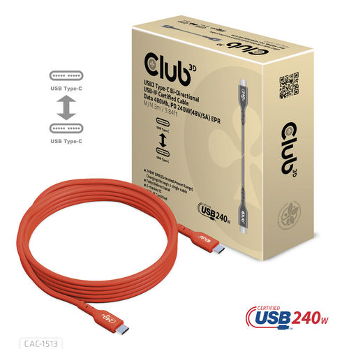 Cable Usb Club 3d Usb-C Con Certificación Usb-If 480mb Pd 240w Epr M/M 3m | Quonty.com | CAC-1513