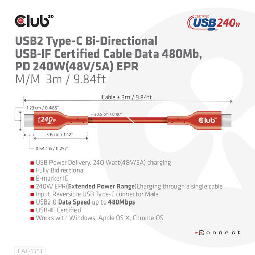 Cable Usb Club 3d Usb-C Con Certificación Usb-If 480mb Pd 240w Epr M/M 3m | Quonty.com | CAC-1513