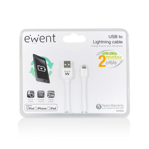 Cable Usb Ewent Lightning- Usb-A 2.0m Blanco | Quonty.com | EW9902