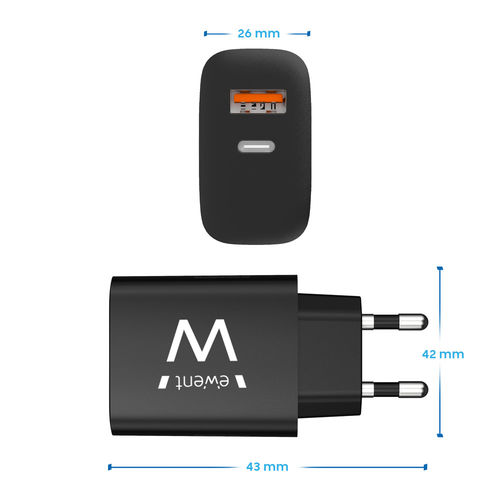 Cargadir De Pared Rapido Ewent Usb-A Usb-C Qc3.0 20w Negro | Quonty.com | EW1319