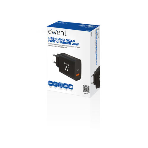 Cargadir De Pared Rapido Ewent Usb-A Usb-C Qc3.0 20w Negro | Quonty.com | EW1319