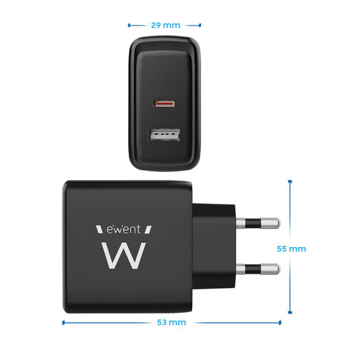 Cargador De Pared Rapido Ewent Usb-A Usb-C Ganfast 65w Negro | Quonty.com | EW1330