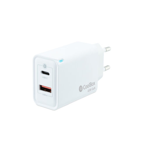 Cargador Usb Pared Coolbox Gan 45w Usb-C/Usb-A Qc3.0 Blanco | Quonty.com | COO-CUP-45CA
