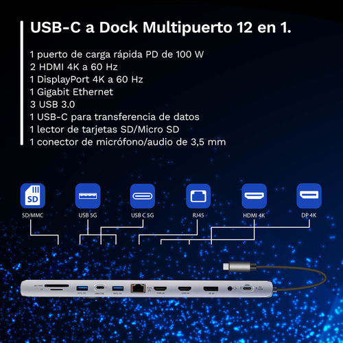 Docking Ewent Ew1150 Multipuerto Usb-C Pd100w/2hdmi 4k/1*4k Dp/Rj-45/3usb3.2/Usb-C/Lector Tarjetas | Quonty.com | EW1150