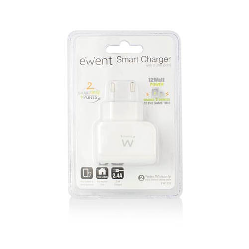 Cargador Usb Pared Ewent Ew1232 2ptos 2,4a Blanco | Quonty.com | EW1232