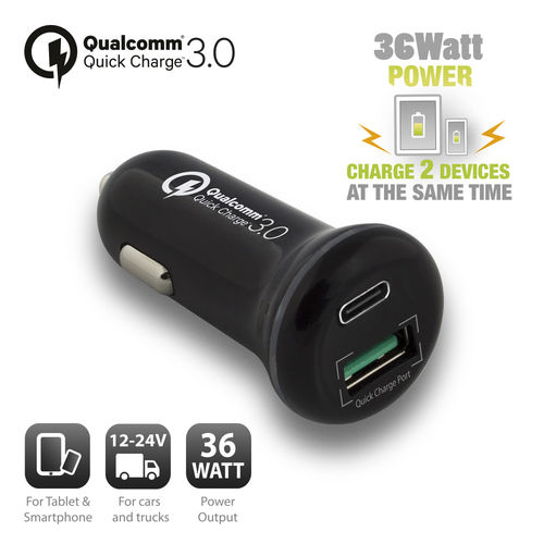 Cargador De Coche Ewent 1*Usb-C + 1*Usb-A 36w Carga 3.0 | Quonty.com | EW1356