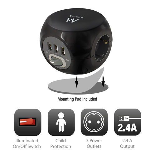 Regleta Cubo Ewent Ew3938 3tomas + 3usb C/Interruptor Negra | Quonty.com | EW3938