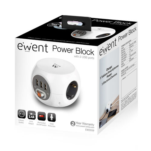 Regleta Cubo Ewent Ew3939 3tomas + 3usb C/Interruptor Blanca | Quonty.com | EW3939