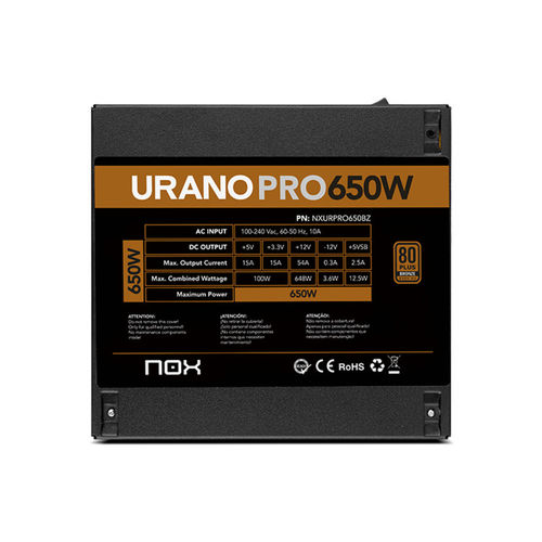Fuente Alimentacion 650w Nox Urano Pro Pfc-Activo 80+Bronze 12cm Atx | Quonty.com | NXURPRO650BZ