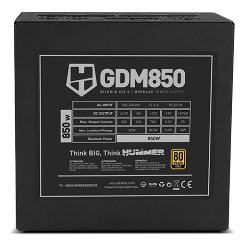 Fuente Alimentacion 850w Nox Hummer Gdm Pfc-Activo 80+Gold Modular 12cm Atx | Quonty.com | NXHUMMER850GDM