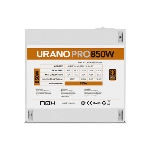 Fuente Alimentacion 850w Nox Urano Pro Pfc-Activo 80+Bronze 12cm Atx Blanca | Quonty.com | NXURPRO850BZWH