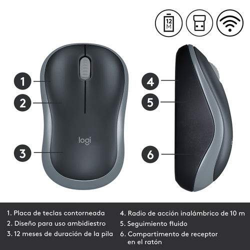 Raton Logitech M185 Optico 1000dpi Inalambrico Negro/Gris | Quonty.com | 910-002238