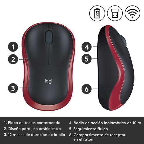 Raton Logitech M185 Optico 1000dpi Inalambrico Negro/Rojo | Quonty.com | 910-002240