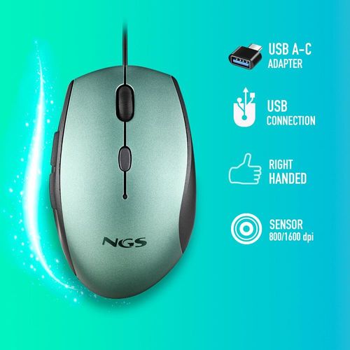 Raton Ngs Moth Ice Optico 1600dpi Usb-C Verde Hielo Ergonomico | Quonty.com | MOTHICE