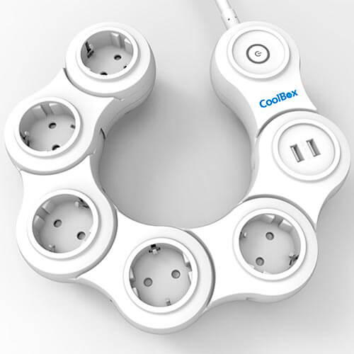 Regleta Coolbox 5tomas + 2usb Blanca Articulada C/Interrupto | Quonty.com | COO-BE05U2AR